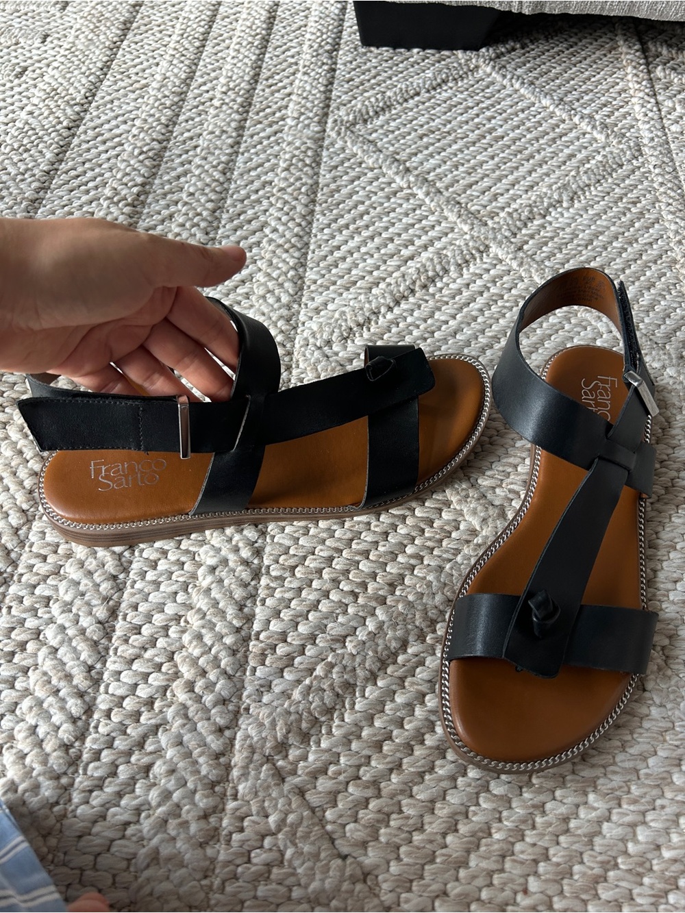 Franco Sarto Black Leather T-Strap Sandals with Tan Footbed